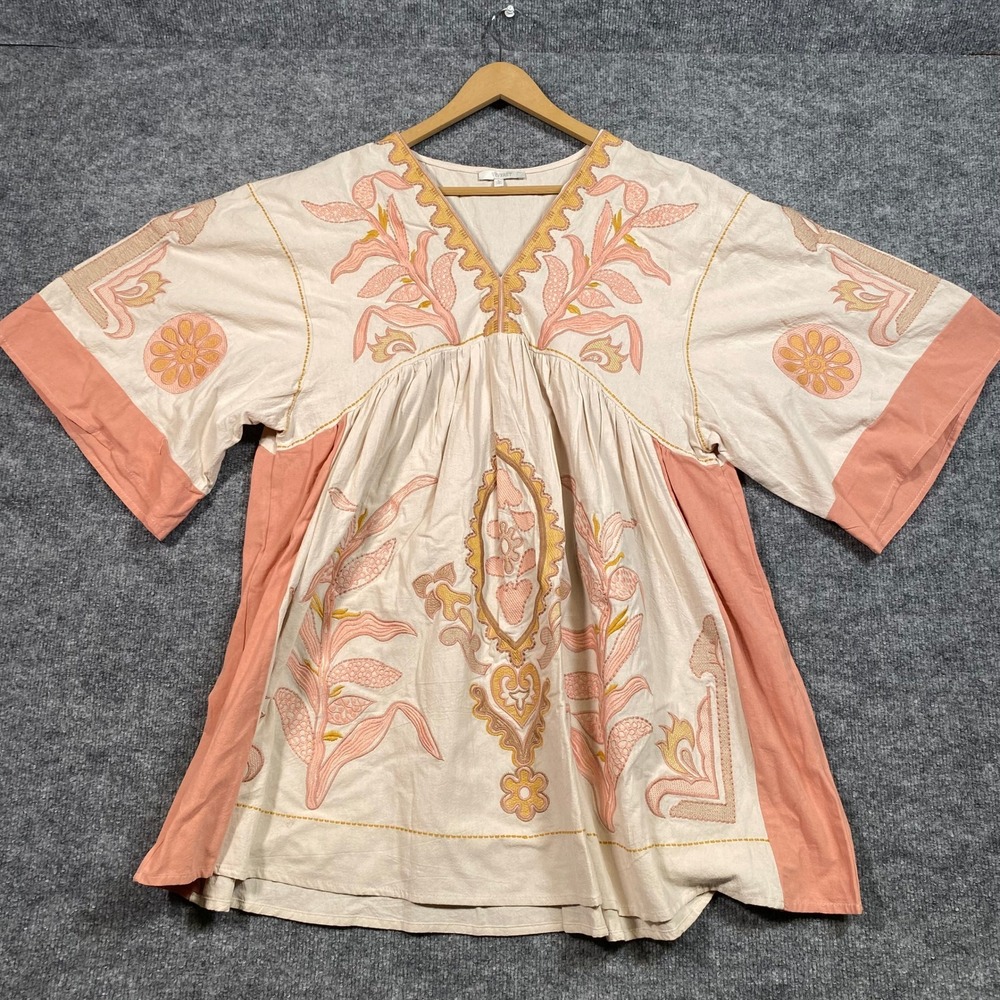 Veveret Womens Embroidered V-Neck Tunic Top Cream Peach‎ Boho Linen Blend Large